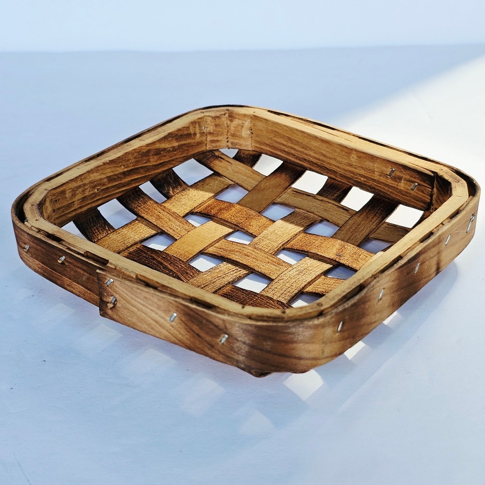 Vintage Square Woven Wood Tobacco Basket Farmhouse Rustic Wall Decor Tray 6.5in